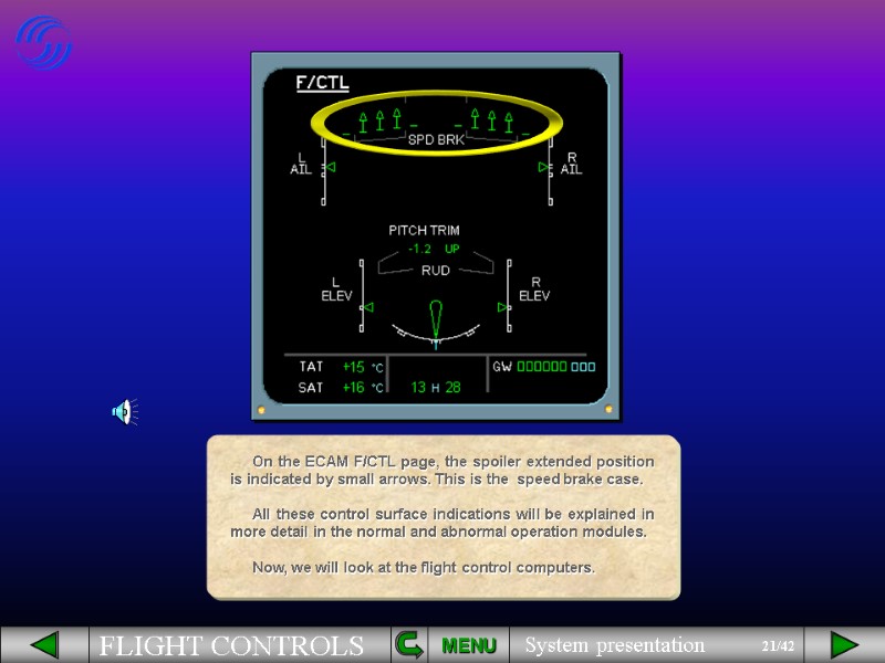 On the ECAM F/CTL page, the spoiler extended position is indicated by small arrows.